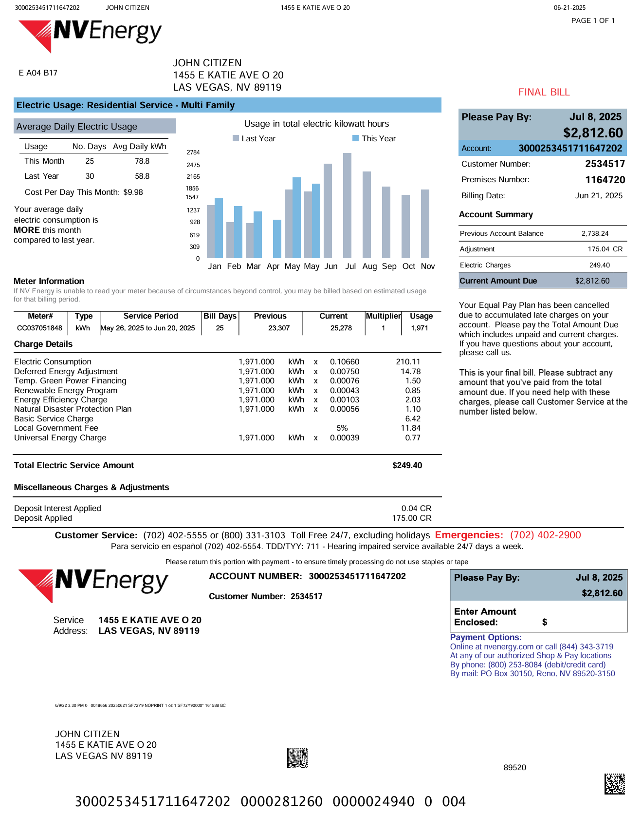 USA NV Energy utility bill template in Word and PDF formats, version 2